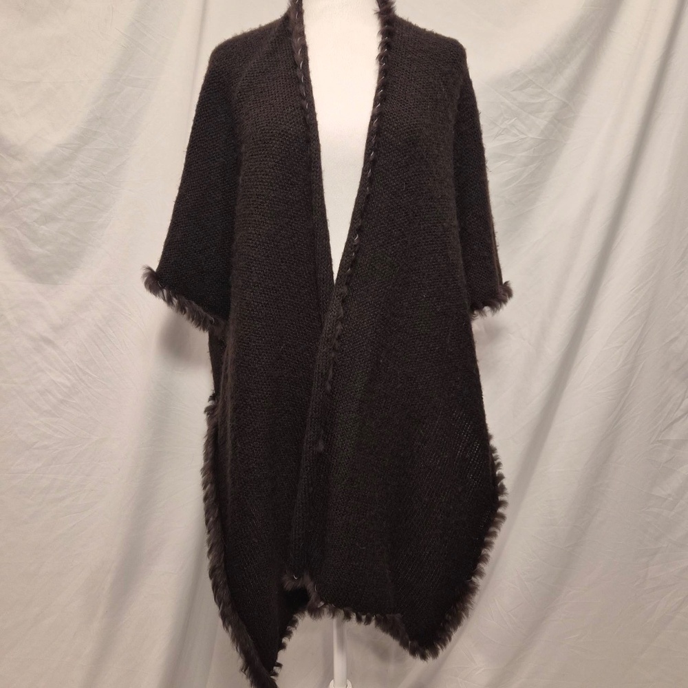 Redfish Designs Vintage Twisted Rabbit Fur Lined Trim Brown Acrylic Shawl Cardi